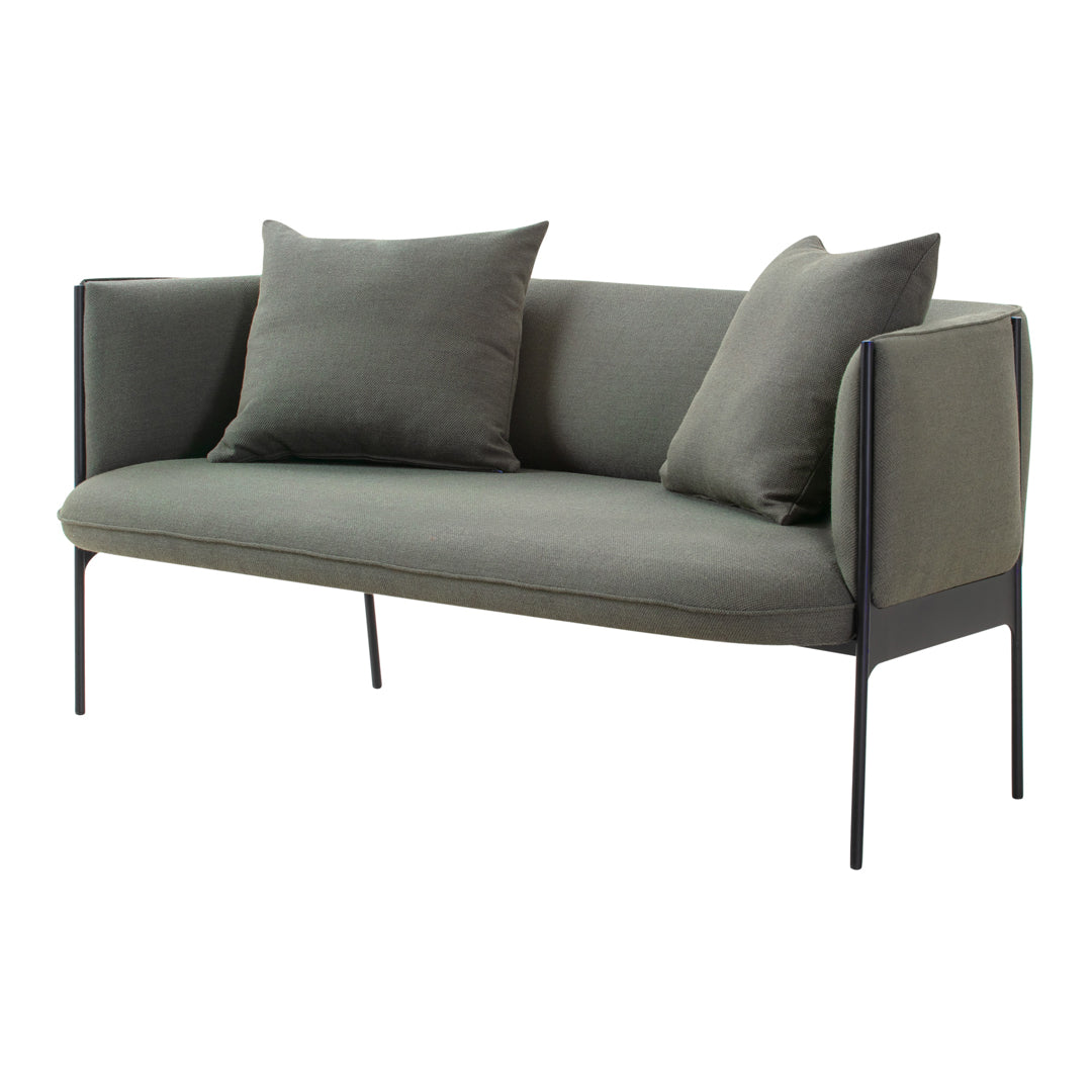 Sleek gray sofa with matching cushions and minimalist black metal frame. Perfect for modern, stylish interiors.