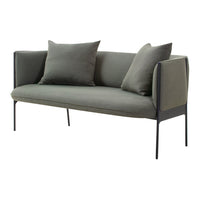 Sleek gray sofa with matching cushions and minimalist black metal frame. Perfect for modern, stylish interiors.