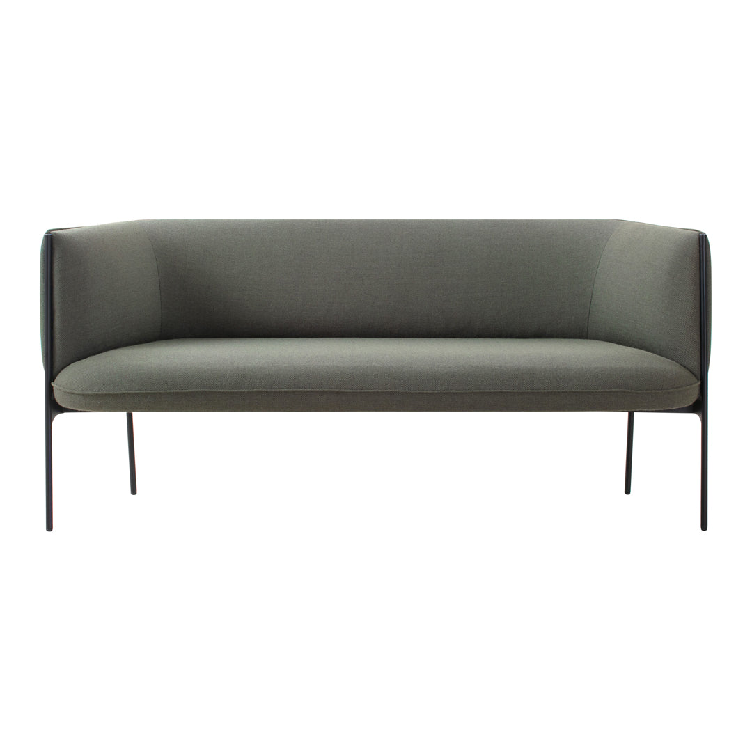 Sleek gray sofa with a minimalist design and smooth fabric, featuring black metal legs. Perfect for modern decor.