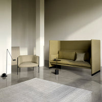 Olive green furniture set with minimalist design, featuring solid lines and soft textures against a neutral background.