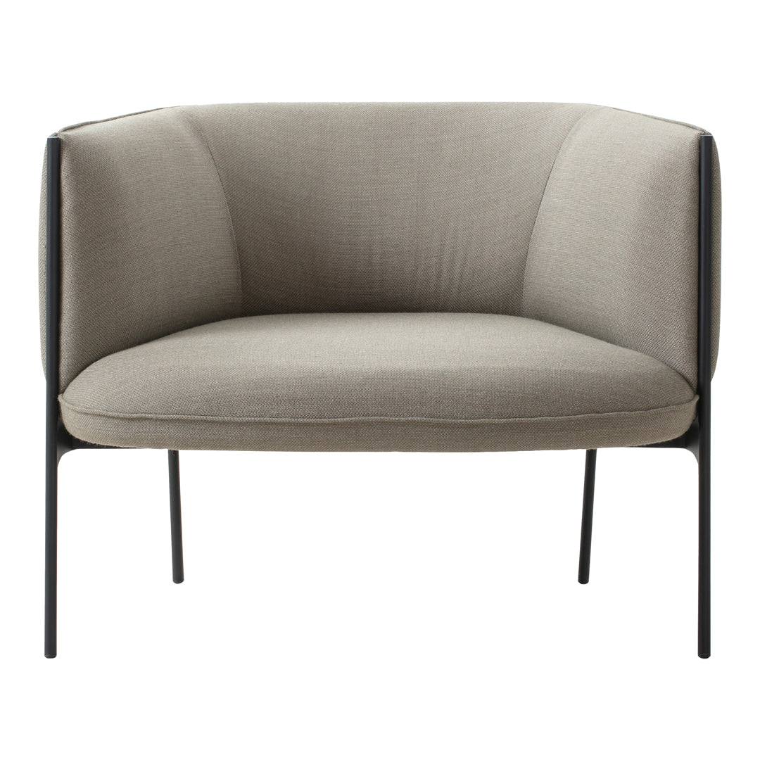 Gray upholstered chair with sleek black metal legs and a minimalist design. Elegant and versatile for any space.