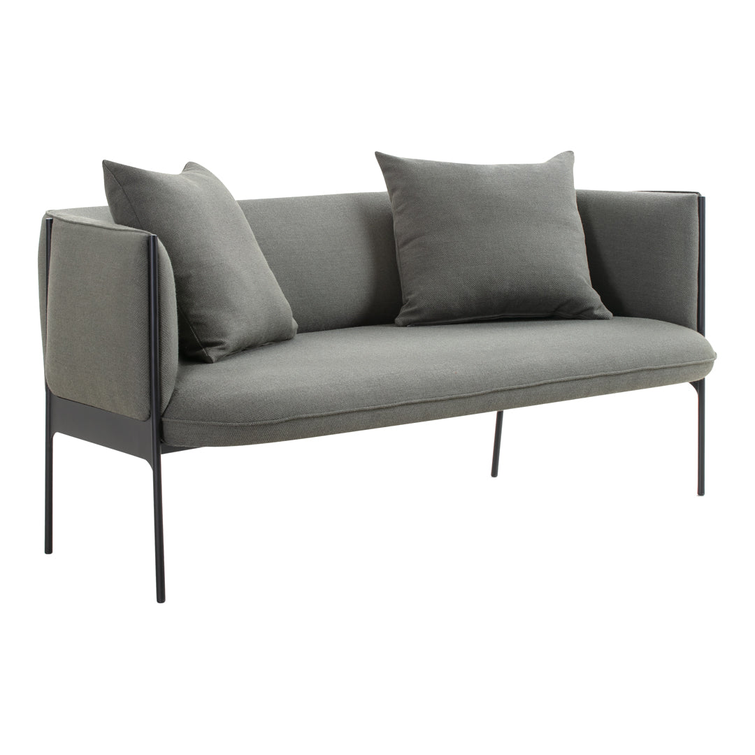 Stylish grey fabric sofa with plush cushions and sleek black metal legs, perfect for modern living spaces.