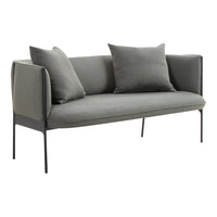 Stylish grey fabric sofa with plush cushions and sleek black metal legs, perfect for modern living spaces.
