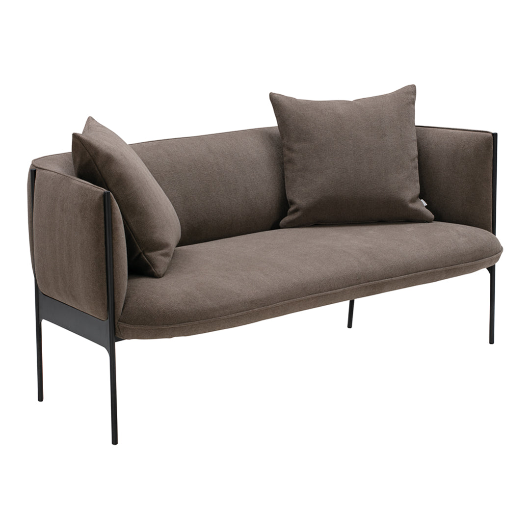 Stylish gray sofa with soft cushions, featuring a sleek black metal frame for a modern look. Perfect for any decor.