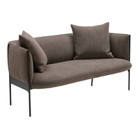 Stylish gray sofa with soft cushions, featuring a sleek black metal frame for a modern look. Perfect for any decor.