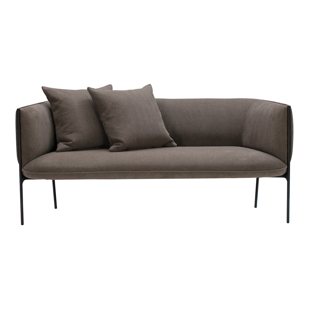 Modern brown sofa with two matching cushions, featuring a sleek design and minimalist black metal legs.