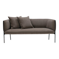 Modern brown sofa with two matching cushions, featuring a sleek design and minimalist black metal legs.