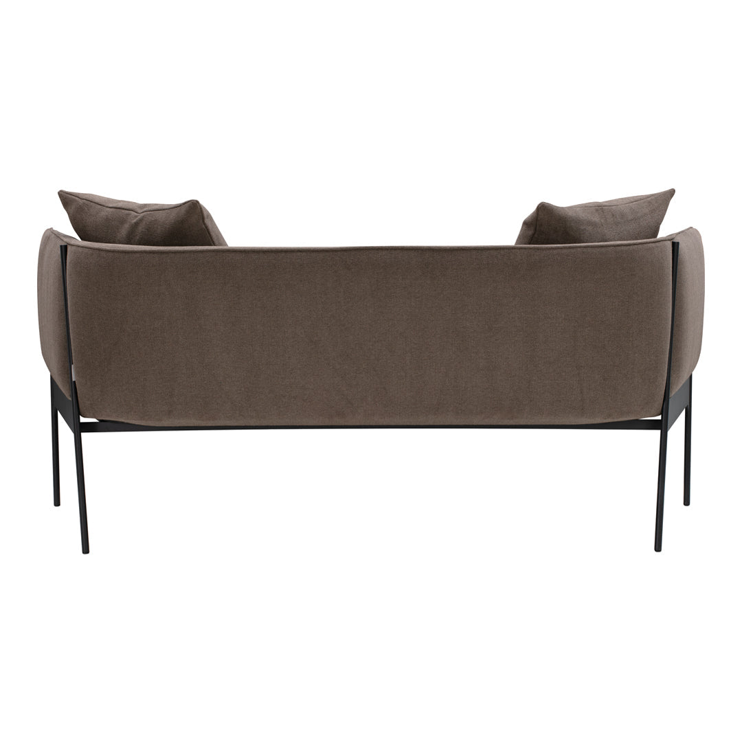 Brown upholstered sofa with a sleek design and black metal legs, featuring two plush back cushions.