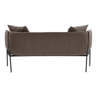 Brown upholstered sofa with a sleek design and black metal legs, featuring two plush back cushions.