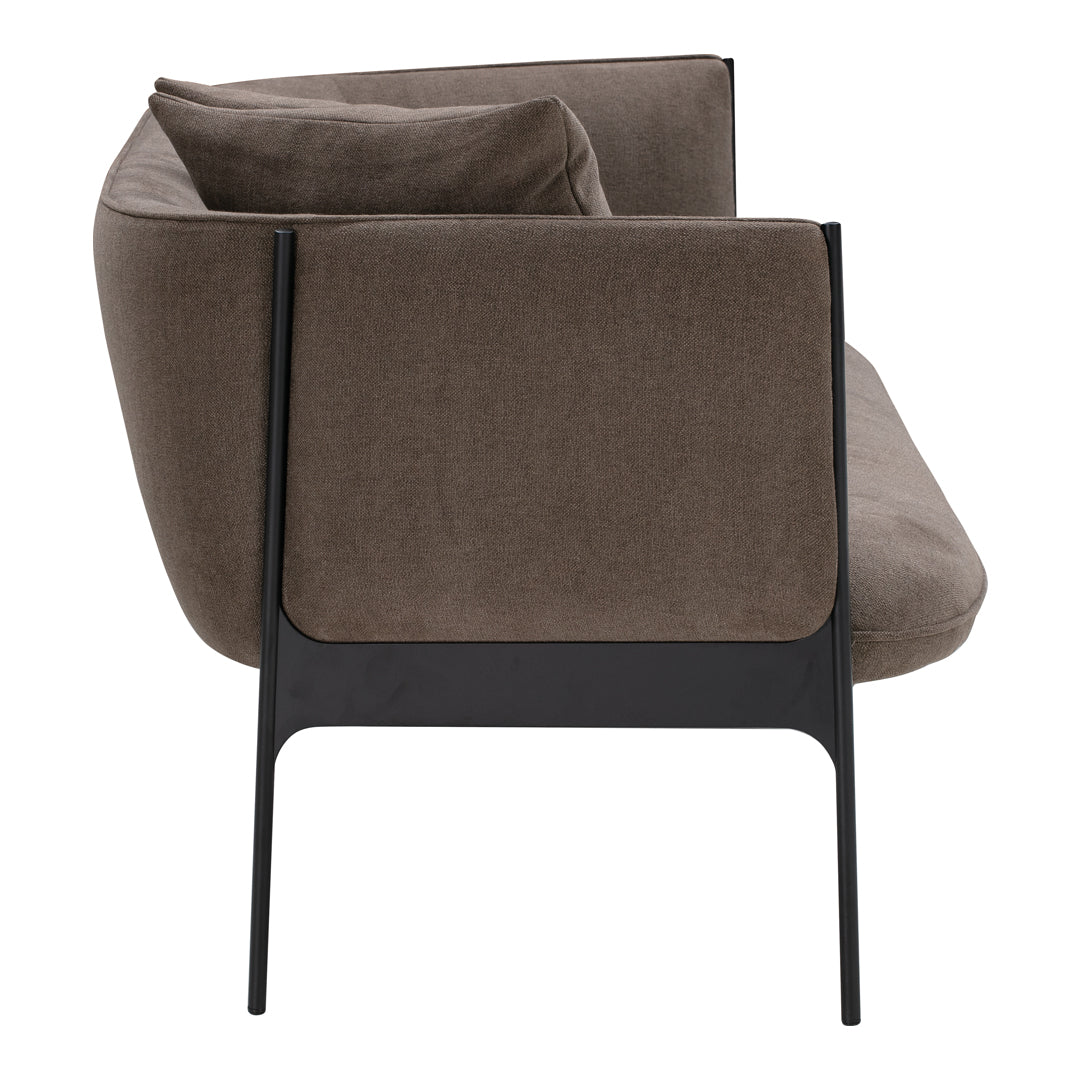 Brown fabric sofa with a sleek black metal frame, featuring a smooth, modern design. Perfect for contemporary interiors.
