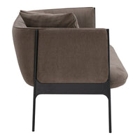 Brown fabric sofa with a sleek black metal frame, featuring a smooth, modern design. Perfect for contemporary interiors.