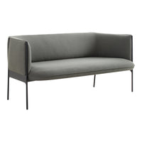 Modern gray sofa with sleek black metal legs, featuring a minimalist design and smooth fabric upholstery.