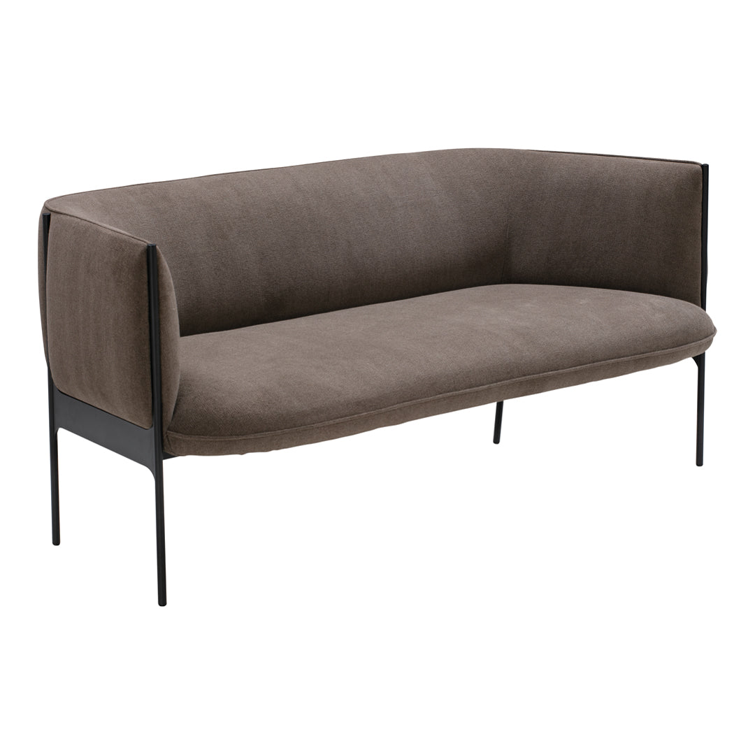 Stylish brown upholstered sofa with sleek black metal legs, featuring a minimalist design and smooth texture.