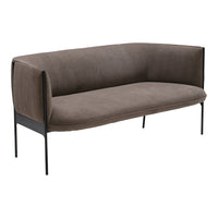 Stylish brown upholstered sofa with sleek black metal legs, featuring a minimalist design and smooth texture.