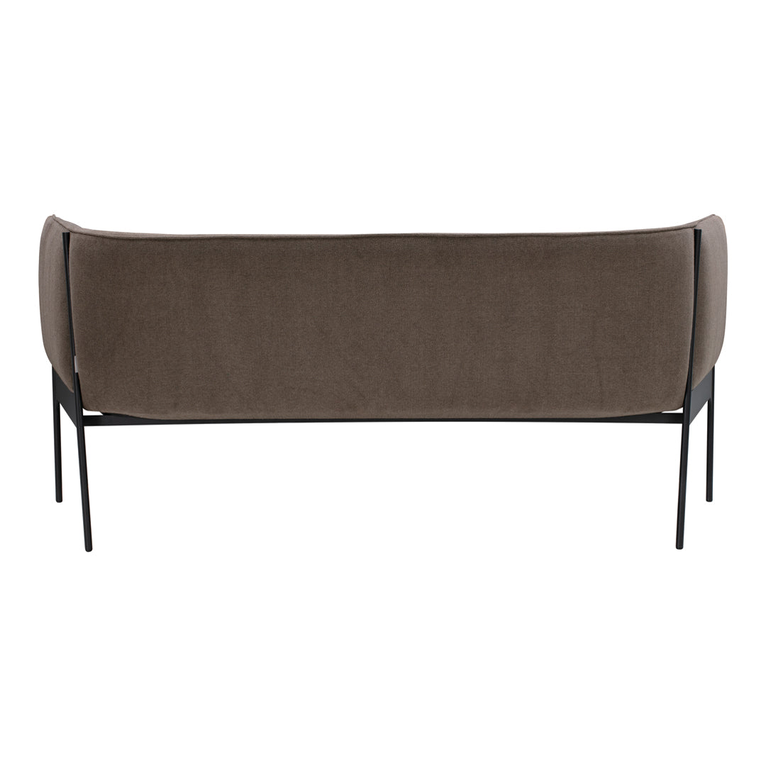Brown upholstered sofa with a sleek black metal frame, featuring a smooth, solid color design.