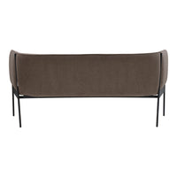 Brown upholstered sofa with a sleek black metal frame, featuring a smooth, solid color design.