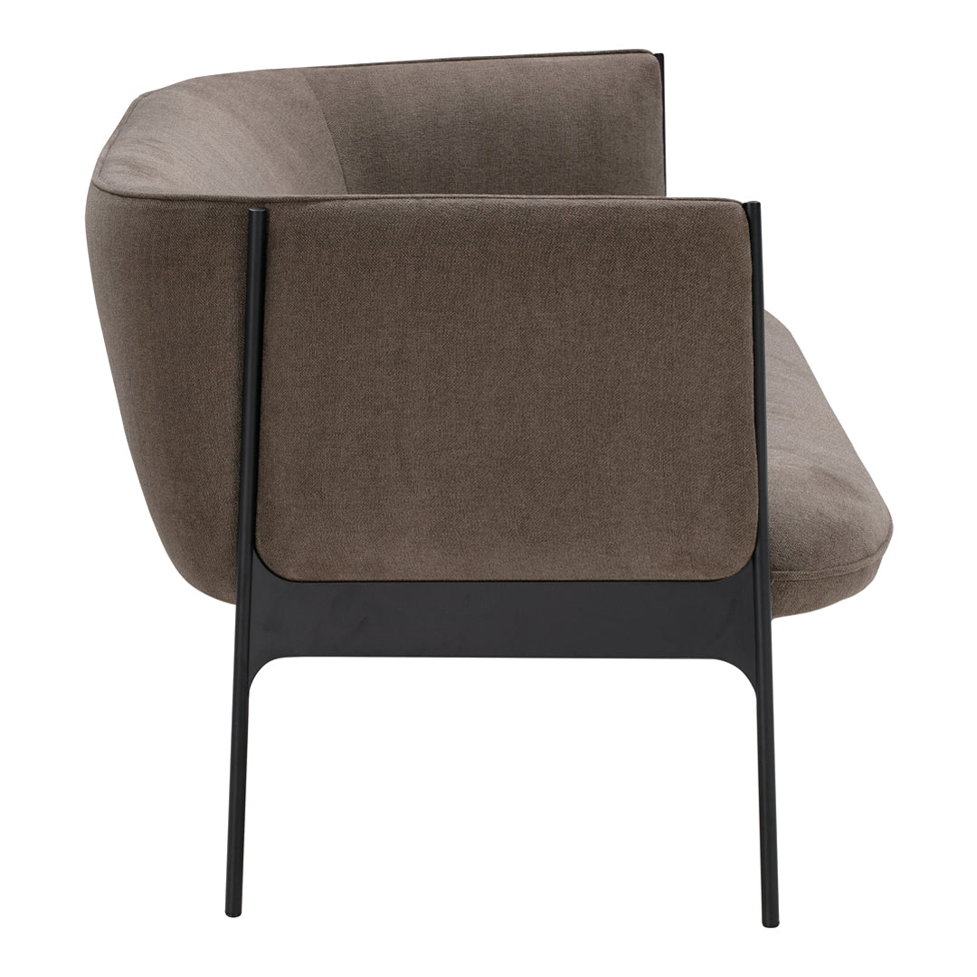 Sleek brown upholstered armchair with a smooth black metal frame, showcasing minimalist design and subtle texture.