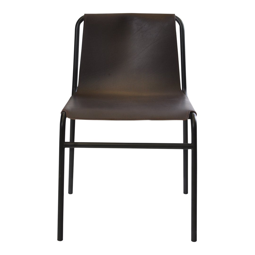 Brown leather chair with a sleek black metal frame and minimalist design. Perfect for modern decor.