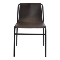 Brown leather chair with a sleek black metal frame and minimalist design. Perfect for modern decor.