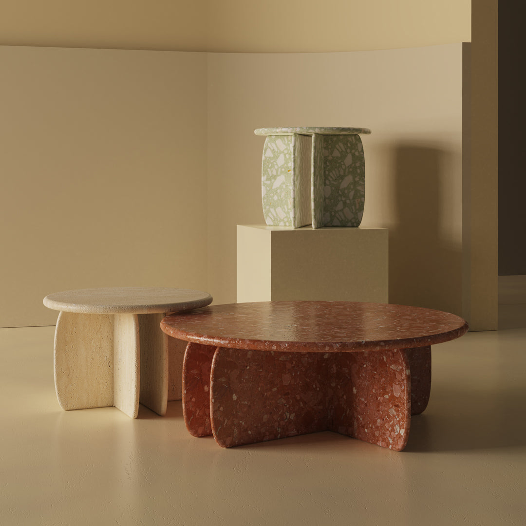 "Three unique tables in beige, red, and green patterns, showcasing modern design and texture contrasts."