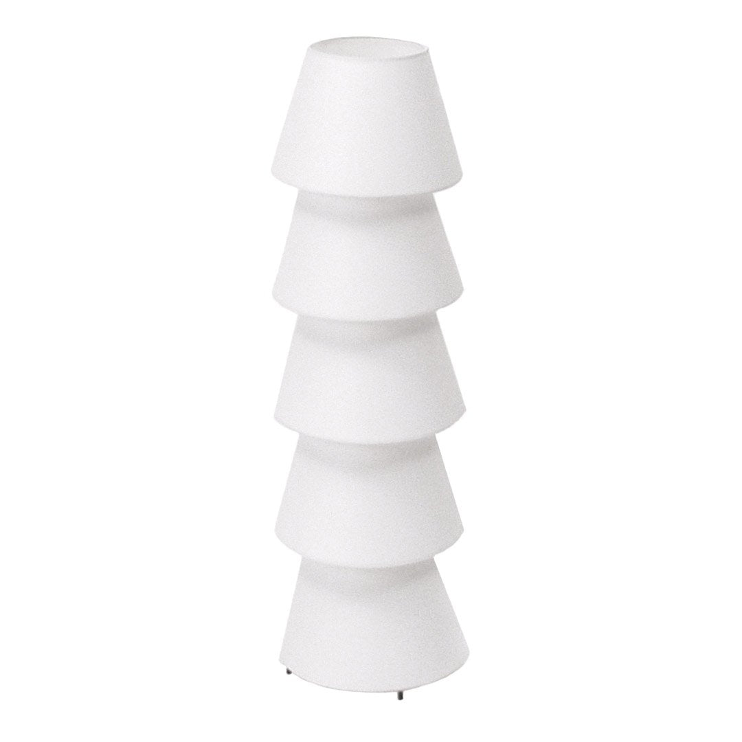 White lamp with a sleek, stacked cone design, featuring smooth surfaces and a minimalist aesthetic.
