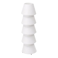 White lamp with a sleek, stacked cone design, featuring smooth surfaces and a minimalist aesthetic.