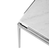 White marble tabletop with subtle gray veining, paired with sleek silver metal legs. Modern and minimalist design.