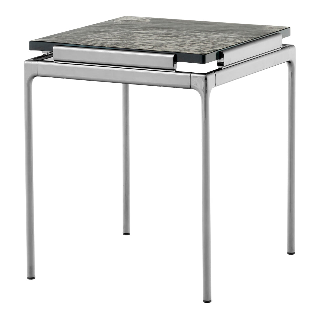Modern square side table with a sleek black surface and silver metal legs, featuring a minimalist design.