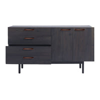 Dark wood sideboard with smooth surfaces, minimalist design, and sleek brown drawer handles. Perfect for modern decor.