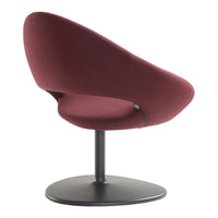 Burgundy upholstered swivel chair with a smooth, modern design and a sleek black metal base.