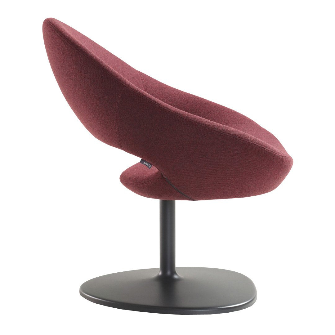 Burgundy upholstered chair with a sleek black base and smooth, modern curves. Perfect for contemporary decor.