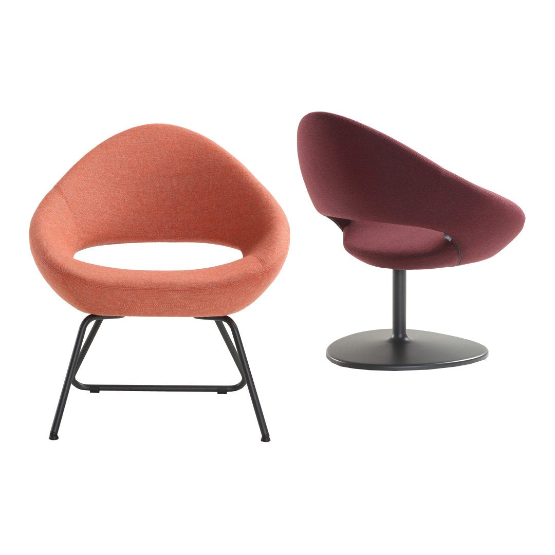 "Curved chair featuring a coral front and deep burgundy back with a sleek black base for modern aesthetic appeal."