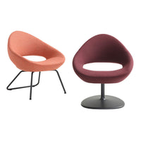 "Two stylish chairs: one in soft coral fabric, the other in deep burgundy, featuring unique shapes and minimalist designs."