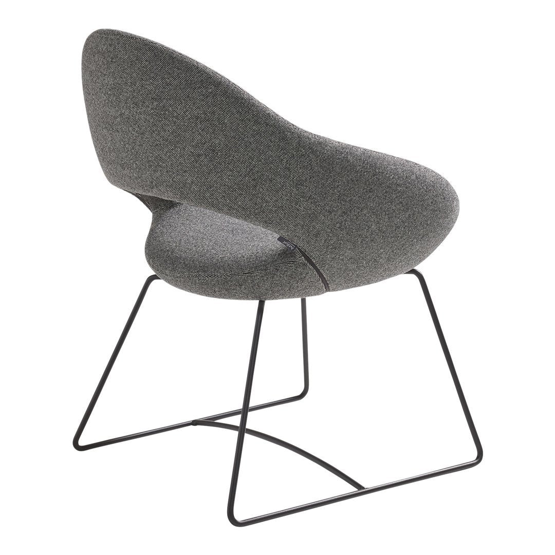 Gray upholstered chair with a sleek, modern design and minimalist black metal legs. Perfect for contemporary decor.