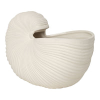 White spiral shell planter with textured ridges, perfect for modern decor. Smooth finish adds a minimalist touch.