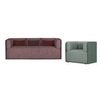 Stylish burgundy and green sofa set featuring a modern design with solid colors and smooth textures.