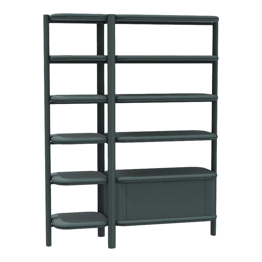 Dark green modern shelving unit with sleek lines and smooth surfaces. Ideal for stylish storage solutions.