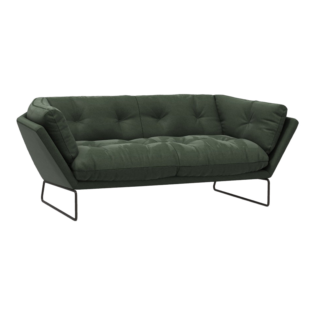 Stylish dark green tufted sofa with sleek black metal legs, perfect for modern living spaces.