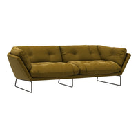 Olive green modern sofa with tufted cushions and sleek metal legs, perfect for stylish living spaces.