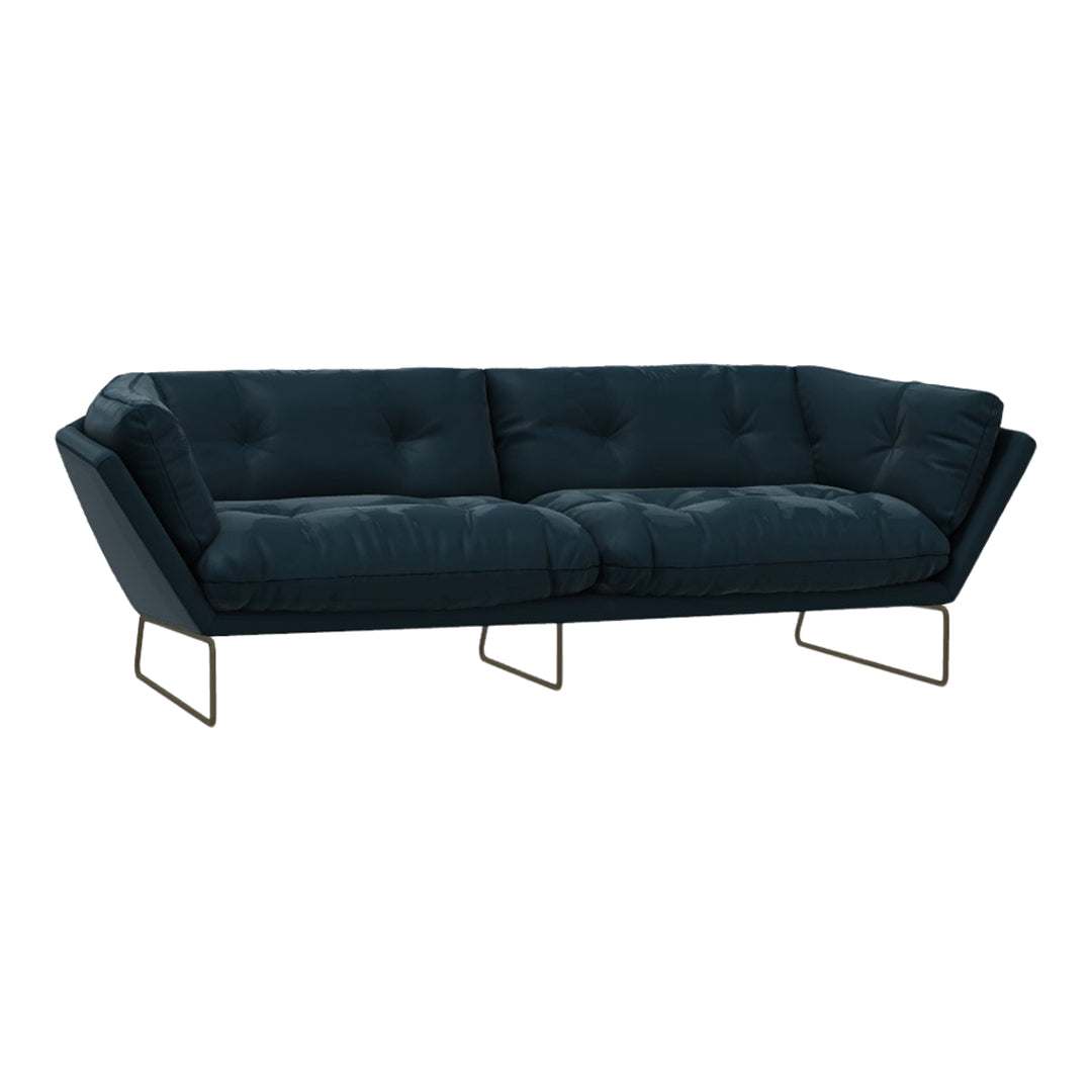 Dark blue modern sofa with a tufted design and sleek metallic legs, featuring a minimalist and contemporary pattern.