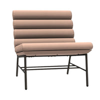 Blush pink chair with ribbed cushioning and a sleek black metal frame. Modern minimalist design for stylish interiors.