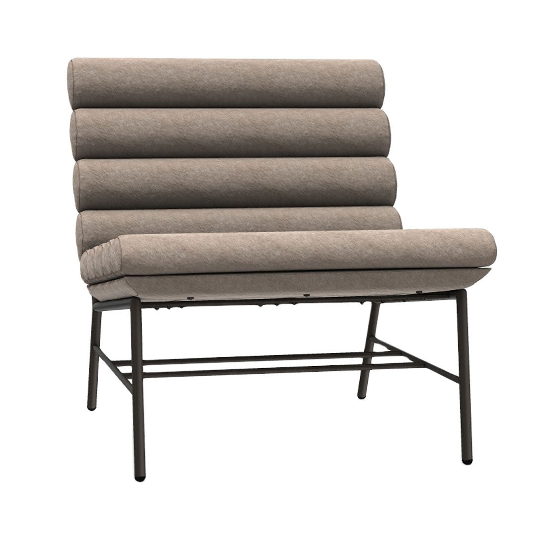 Modern beige accent chair with horizontal rolled cushion design and sleek black metal frame. Perfect for contemporary decor.