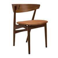 Mid-century modern wooden chair with a rich walnut finish and a warm brown seat. Clean lines and simple design.