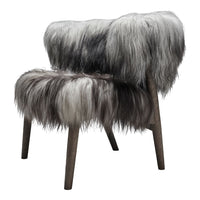 Fluffy faux fur chair in blended gray and white tones with a soft, textured pattern. Ideal for cozy decor.