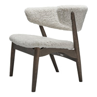 Stylish chair with soft gray upholstery and dark wooden legs, featuring a modern, minimalist design.
