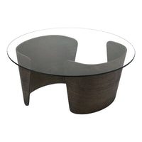 Modern round coffee table with a clear glass top and dark wood base featuring a unique, contemporary design.