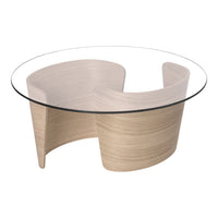 Light wood curved base coffee table with a smooth glass top and minimalist design. Elegant, modern aesthetic.