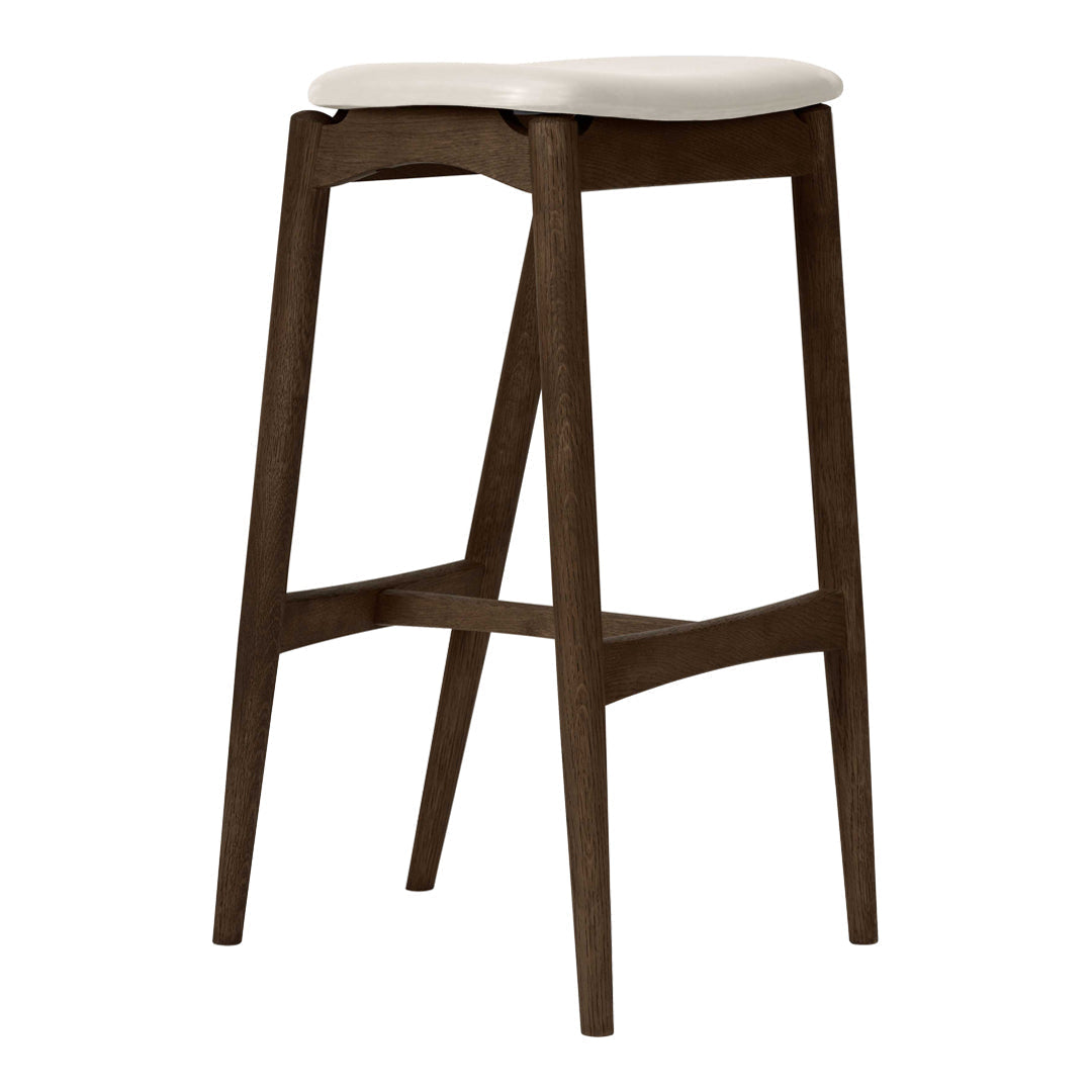 Brown wooden bar stool with a smooth white cushion top, featuring minimalist design and clean lines.