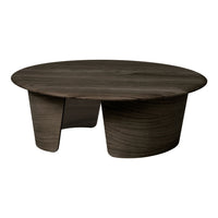 Round coffee table in a dark wood finish with subtle grain patterns and modern curved legs. Perfect for contemporary spaces.