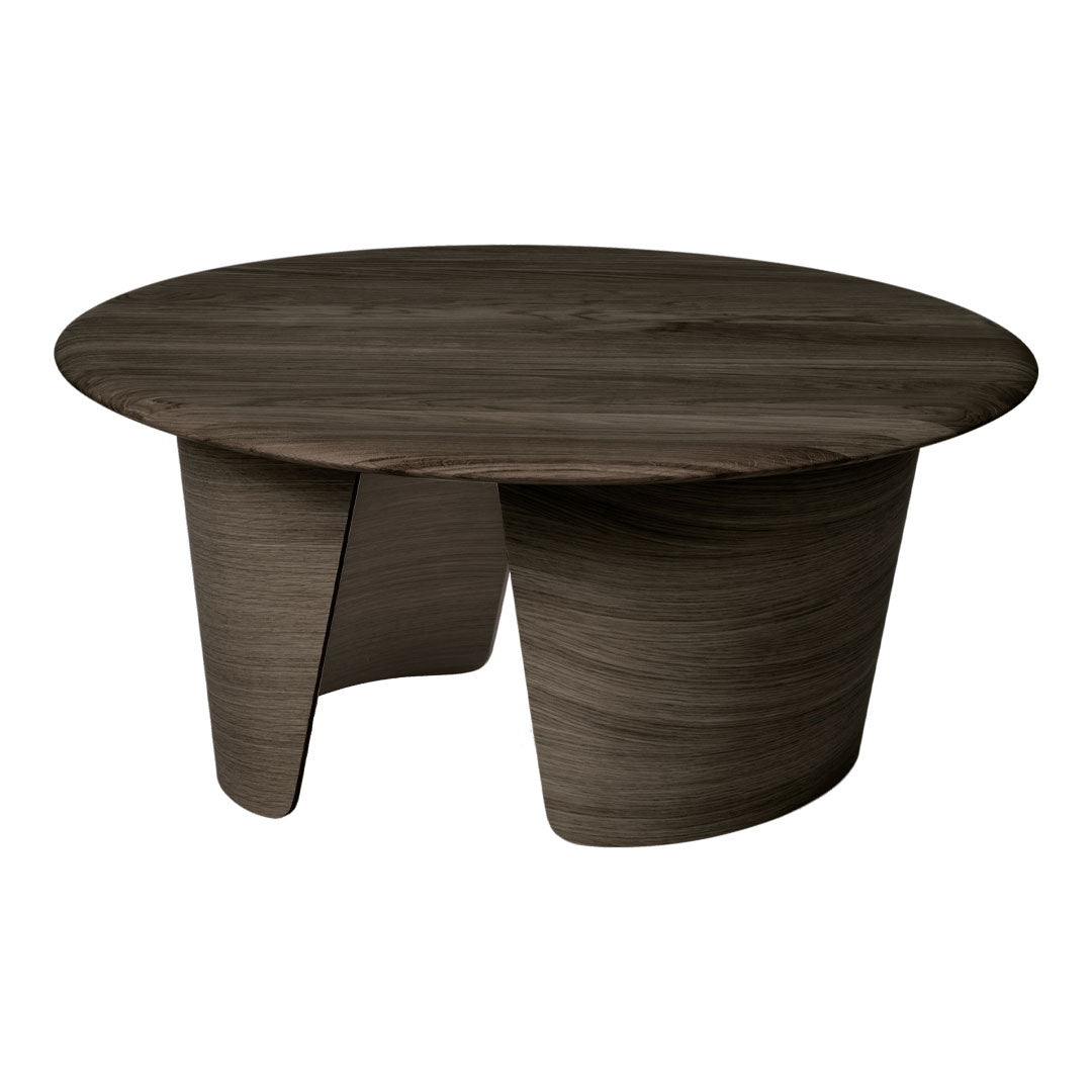 Round coffee table in dark wood finish with smooth, minimalist design and subtle grain patterns.